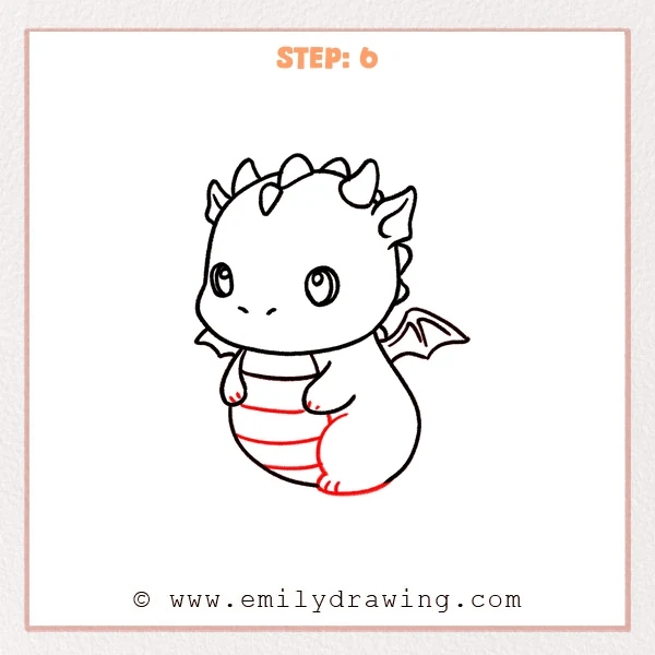 how to draw a baby dragon - Step 6: Curved belly stripe segments added to the baby dragon’s tummy.